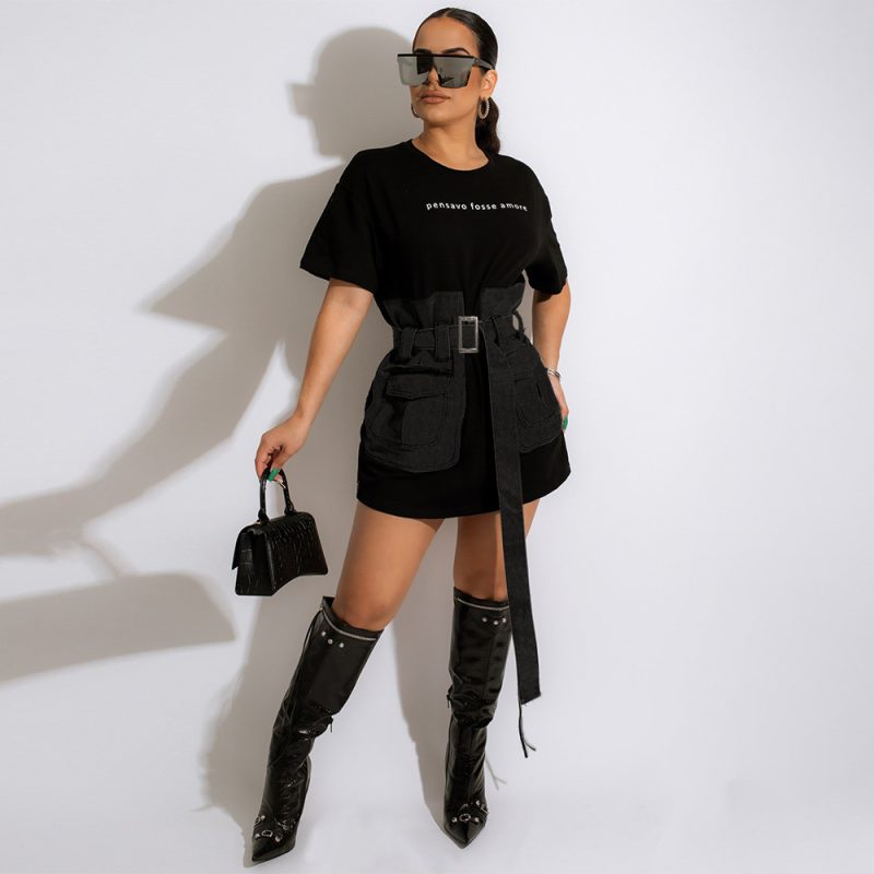 Summer Denim Stitching Dress with Cinched Waist - Image 2