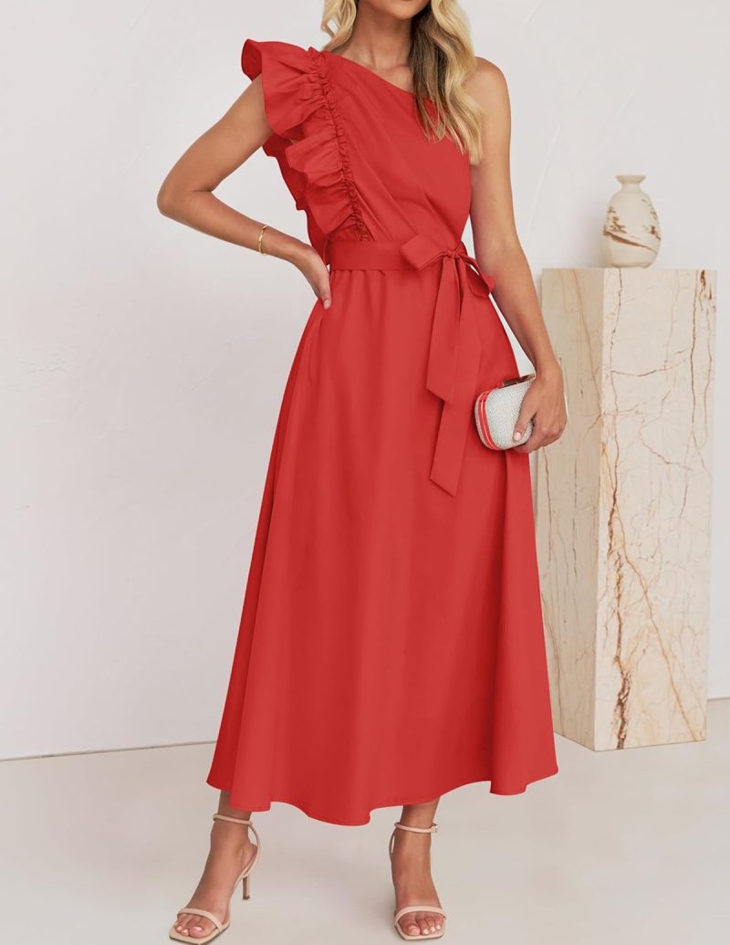 One Shoulder Ruffled Maxi Belted Bridesmaid Dress - Image 4