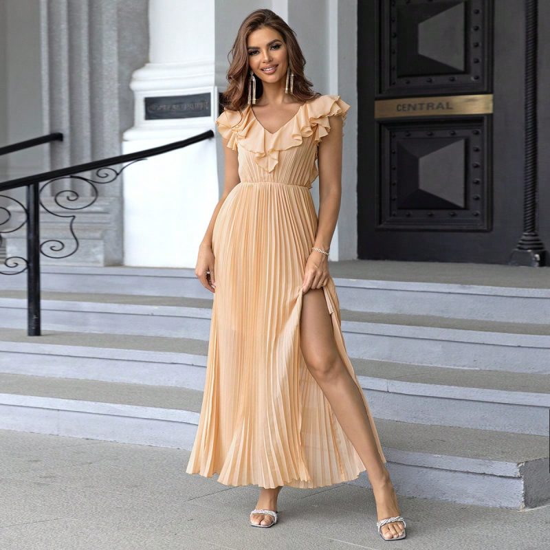 Frayed Hem Split Thigh Summer Pleated Dress