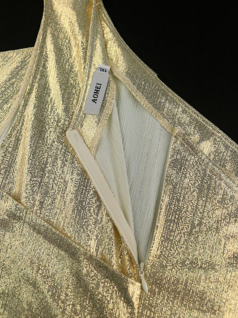Elegant One Shoulder Golden Pleated Cocktail Dress - Image 4