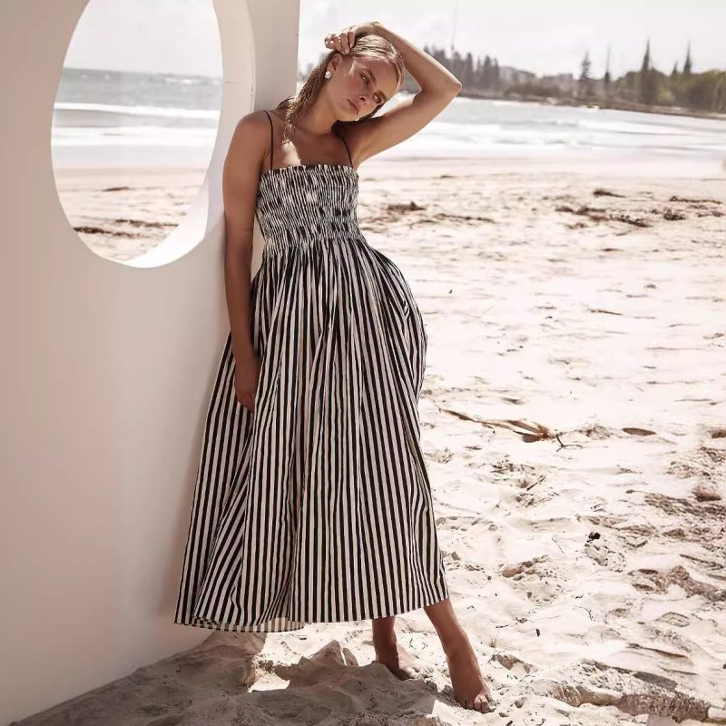 Striped Pocket Sling Dress with Stretch Waist