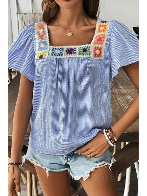 Striped Square Collar Floral Stitch T-Shirt Women