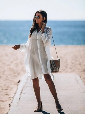 Single-Breasted Bamboo Vacation Shirt Skirt Dress