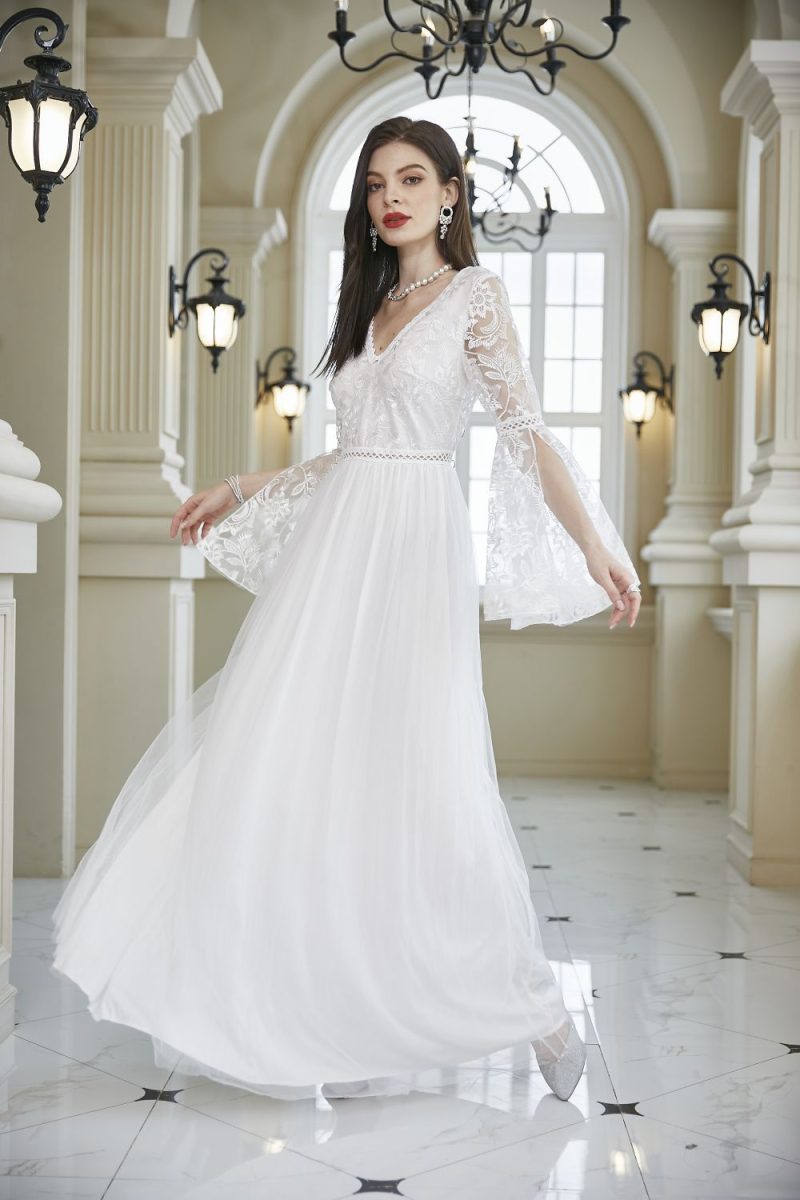 White Lace Mesh Long Sleeve Bridal Dress - Image 3