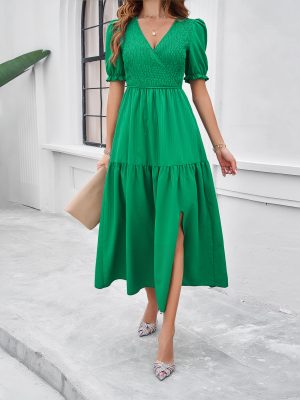 Spring Summer V-Neck Solid Swing Dress Women