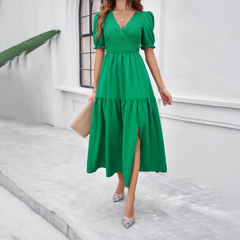 Spring Summer V-Neck Solid Swing Dress Women