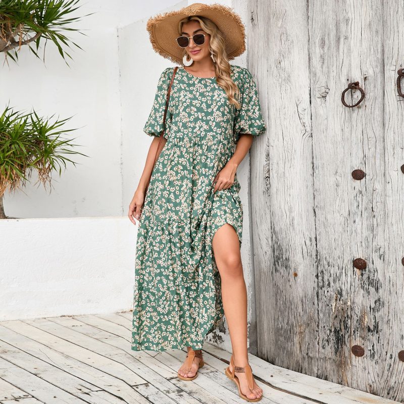 Women’s Retro Floral Round Neck Shirt Dress - Image 2