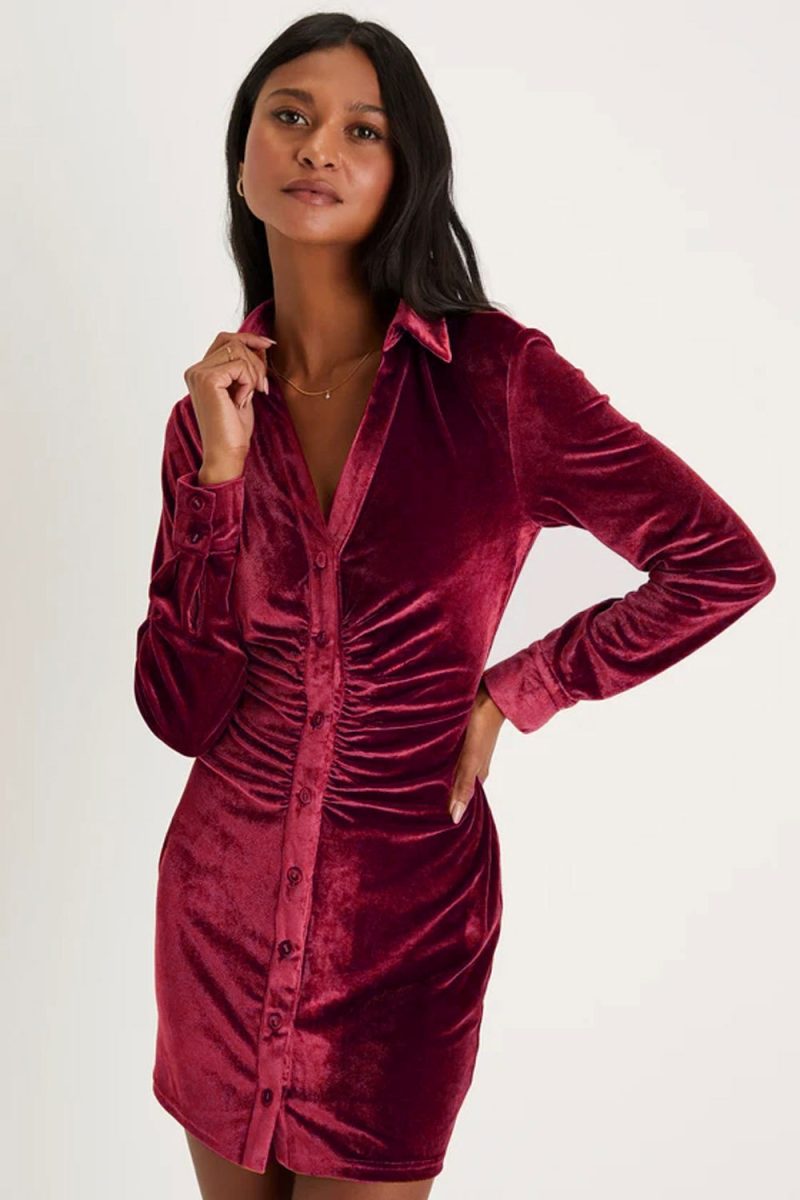 Elegant Velvet Waist Pleated Shirt Dress Women - Image 3