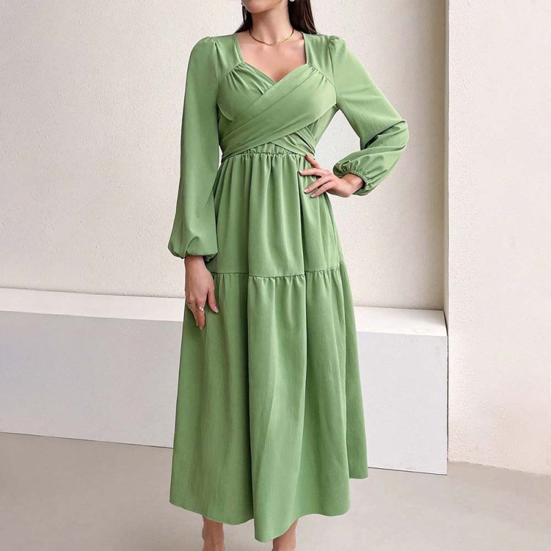 Elegant V-Neck Green Midi Autumn Dress - Image 4