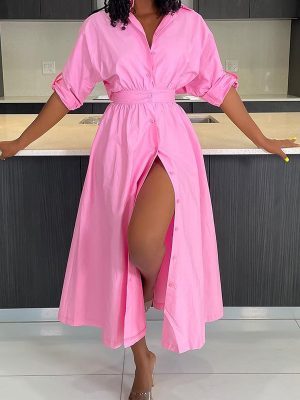 Women's Autumn Collared Solid Midi Shirt Dress