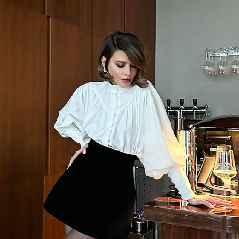 White Puff Sleeve Pleated Office Shirt Women