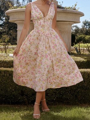 Elegant Backless Printed Spaghetti Strap Dress