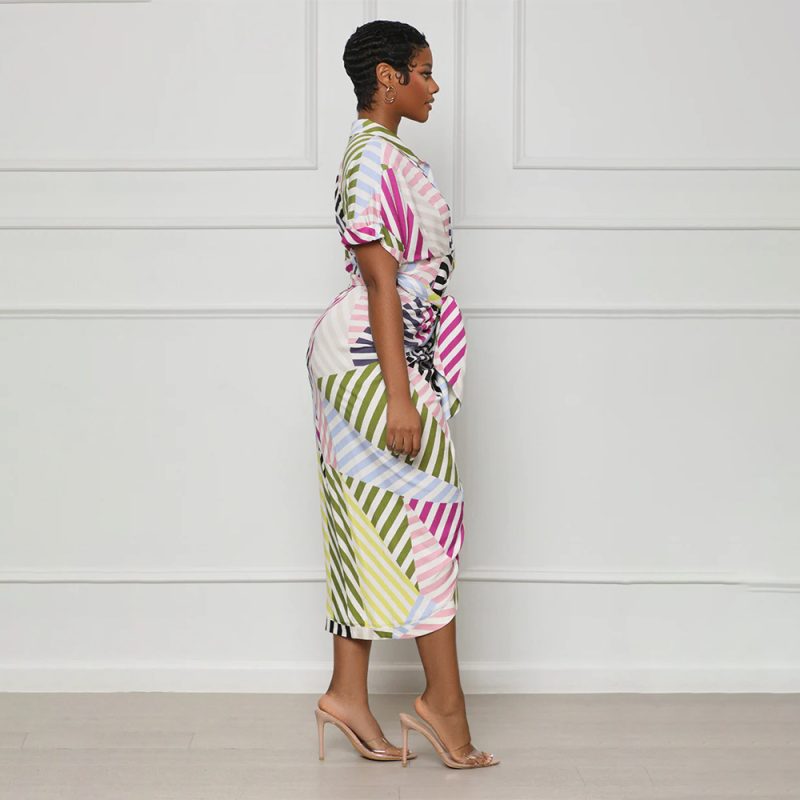 Colorblock Striped Button Down Shirt Dress Jumpsuit - Image 3