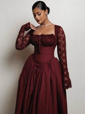 Spring Lace Square Neck Waist Midi Dress