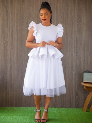 Ruffled Mesh Stitching Midi Wedding Dress Women