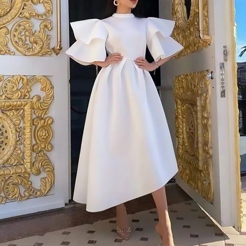 High Neck Ruffle Sleeve Asymmetric Summer Dress - Image 2