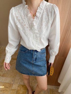 Women’s Cutout Embroidery Lace Vintage Blouse