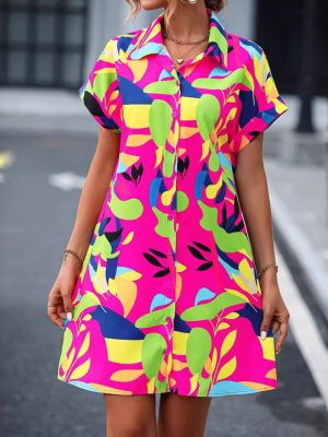 Women’s Short Sleeve Floral Shirt Dress – Summer