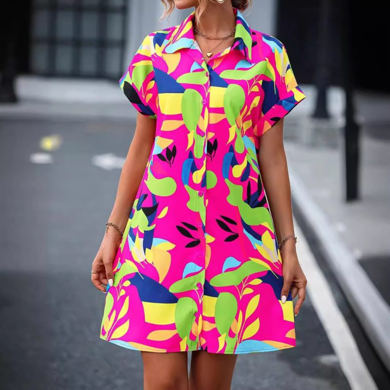 Women’s Short Sleeve Floral Shirt Dress – Summer