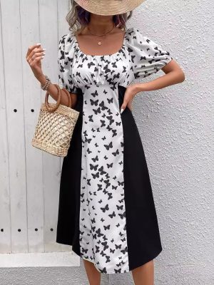 Butterfly Print Lantern Sleeve Short Dress Women