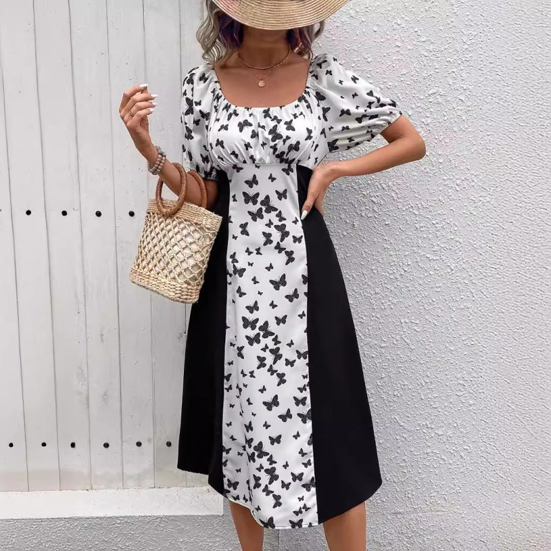 Butterfly Print Lantern Sleeve Short Dress Women