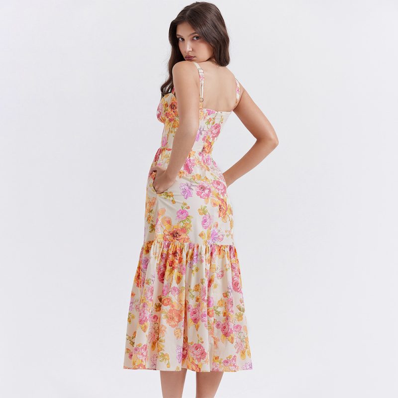 Sweet Floral Backless Midi Summer Strap Dress - Image 4