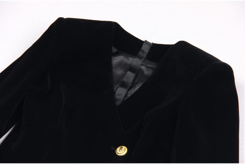 Velvet V-Neck Slim Fit Buttoned Dress Coat - Image 3