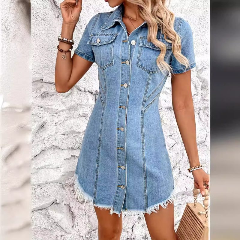 Cinched Waist Non Stretch Denim Dress Women