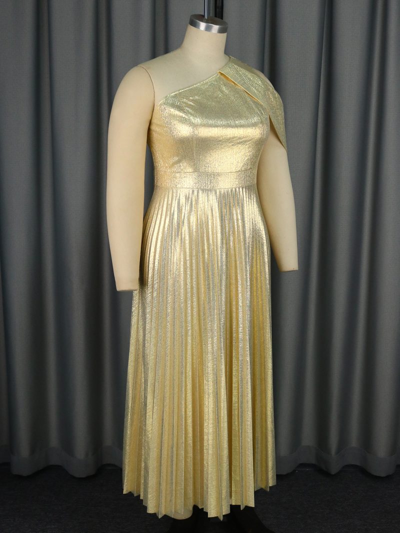 Elegant One Shoulder Golden Pleated Cocktail Dress - Image 3