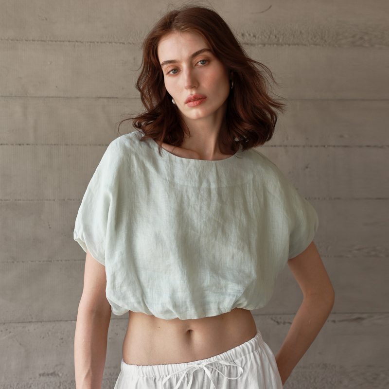French Ramie Cropped Waist-Tight Summer Top - Image 2