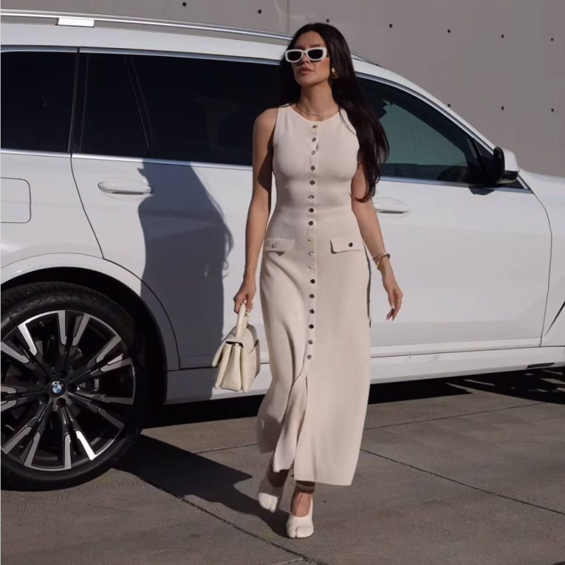 Sleeveless High Waist Single Breasted Maxi Dress