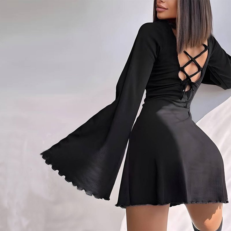 Backless Bell Sleeve Autumn Winter Women Dress - Image 2