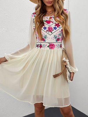 Bohemian Floral Chiffon Sheer Sleeve Midi Dress