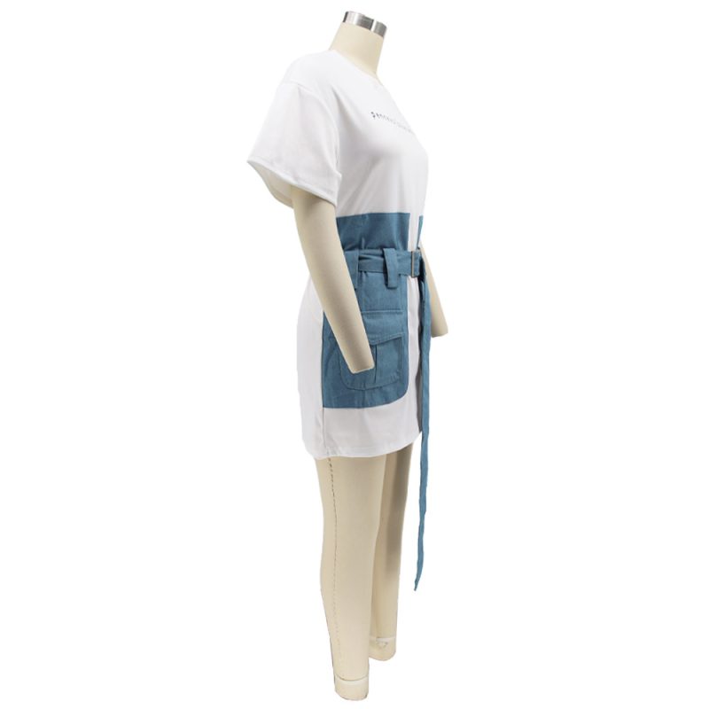 Summer Denim Stitching Dress with Cinched Waist - Image 3