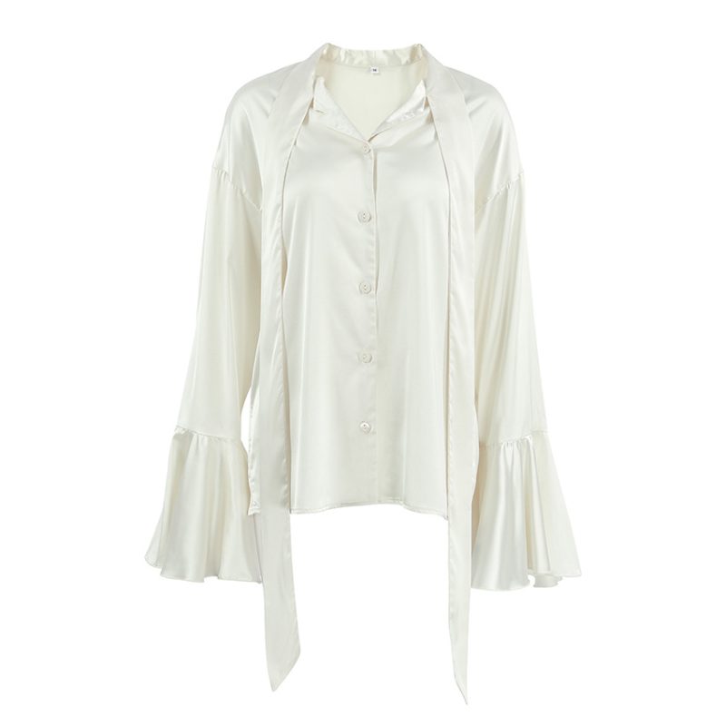 Beige Ruffled Matte Satin Autumn Shirt Women - Image 3