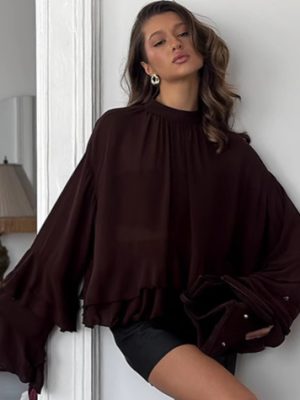 Women’s Brown Ruffled Bell Sleeve Chiffon Top