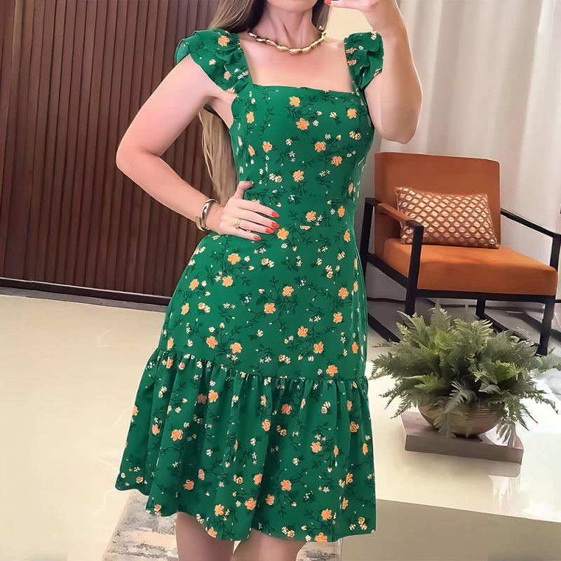 French Floral Print Midi Strap Dress Women