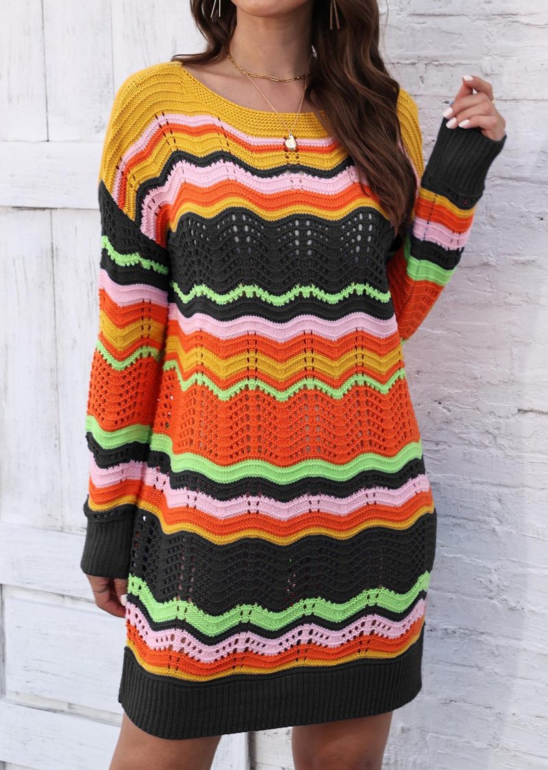 Rainbow Stripe Patchwork Woolen Pullover Dress - Image 4