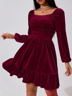 Classy Wine Red Mini Dress High Waist Winter Style