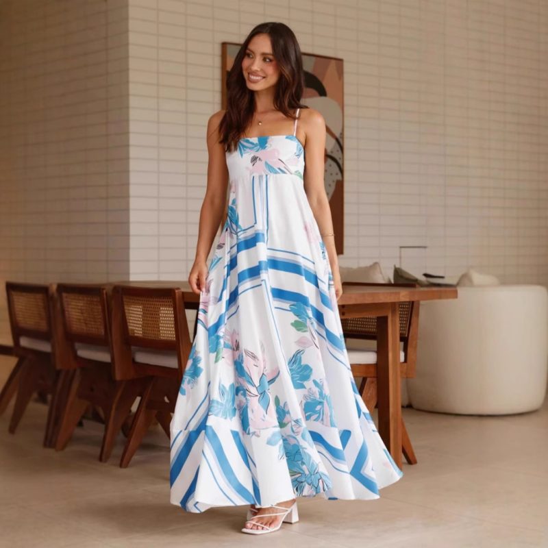 French Backless Printed High Waist Swing Dress
