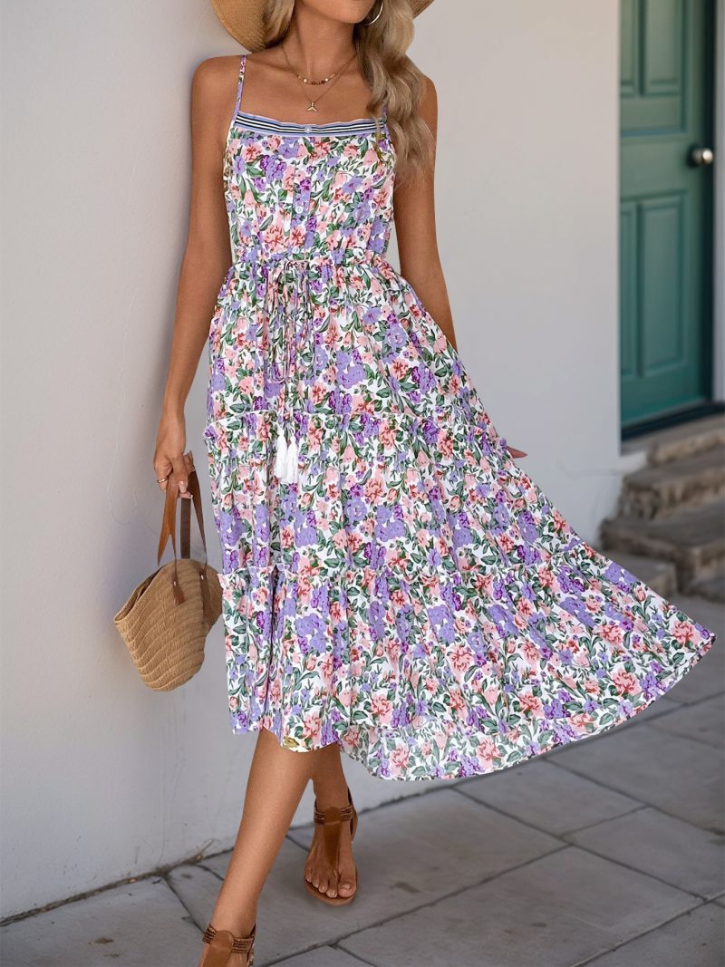 Pleated Ruffle Strap Print Dress for Summer - Image 4