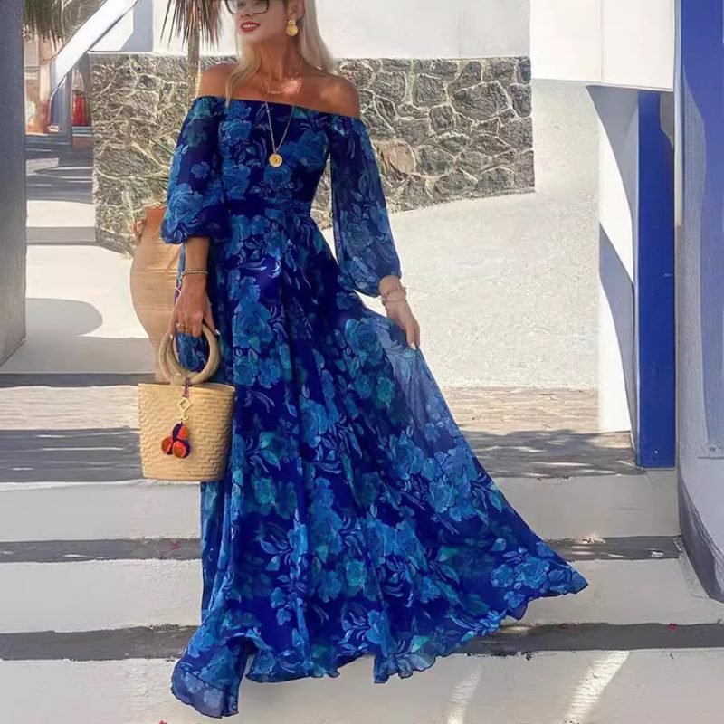 Off-Shoulder Printed Large Swing Maxi Dress - Image 3