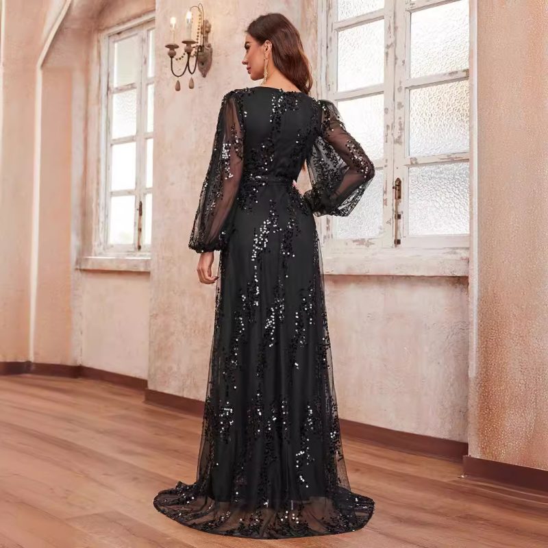 Elegant Sequined V-Neck Long Evening Dress - Image 2