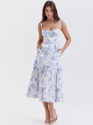 Sweet Floral Backless Midi Summer Strap Dress