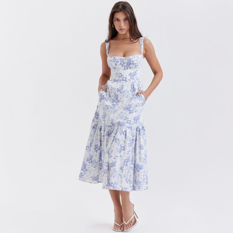 Sweet Floral Backless Midi Summer Strap Dress