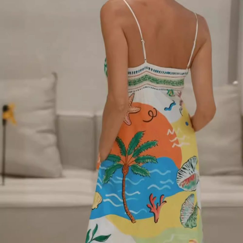 Positioned Print Spaghetti Strap Swing Dress Summer - Image 3