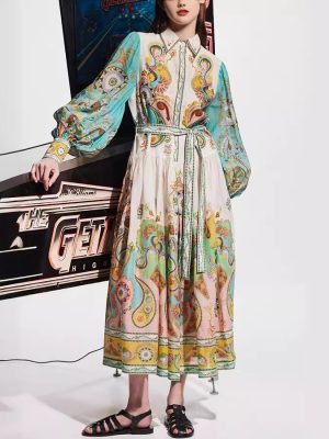 Printed Puff Sleeve Long Swing Dress Women