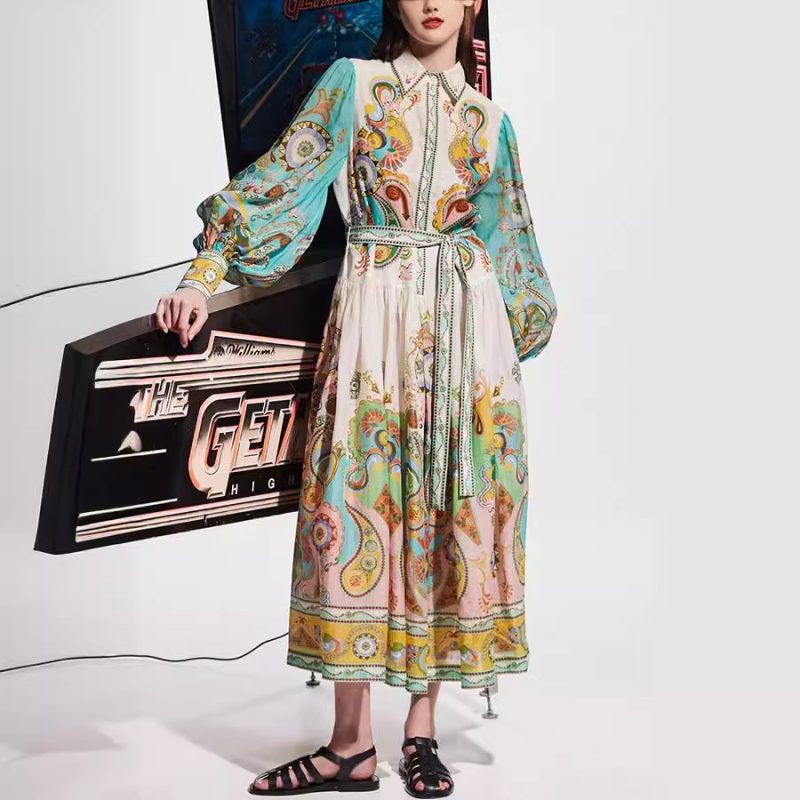 Printed Puff Sleeve Long Swing Dress Women