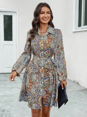 Floral-Print Long Sleeve Shirt Dress for Women
