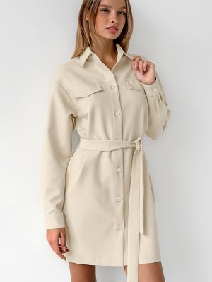 Office Khaki Belted Drop Shoulder Dress Women